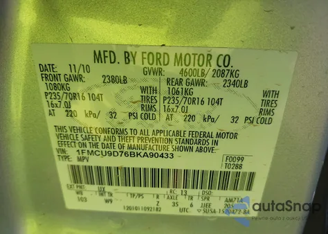 2011 Ford Escape Xlt from USA, damaged, VIN 1FMCU9D76BKA90433